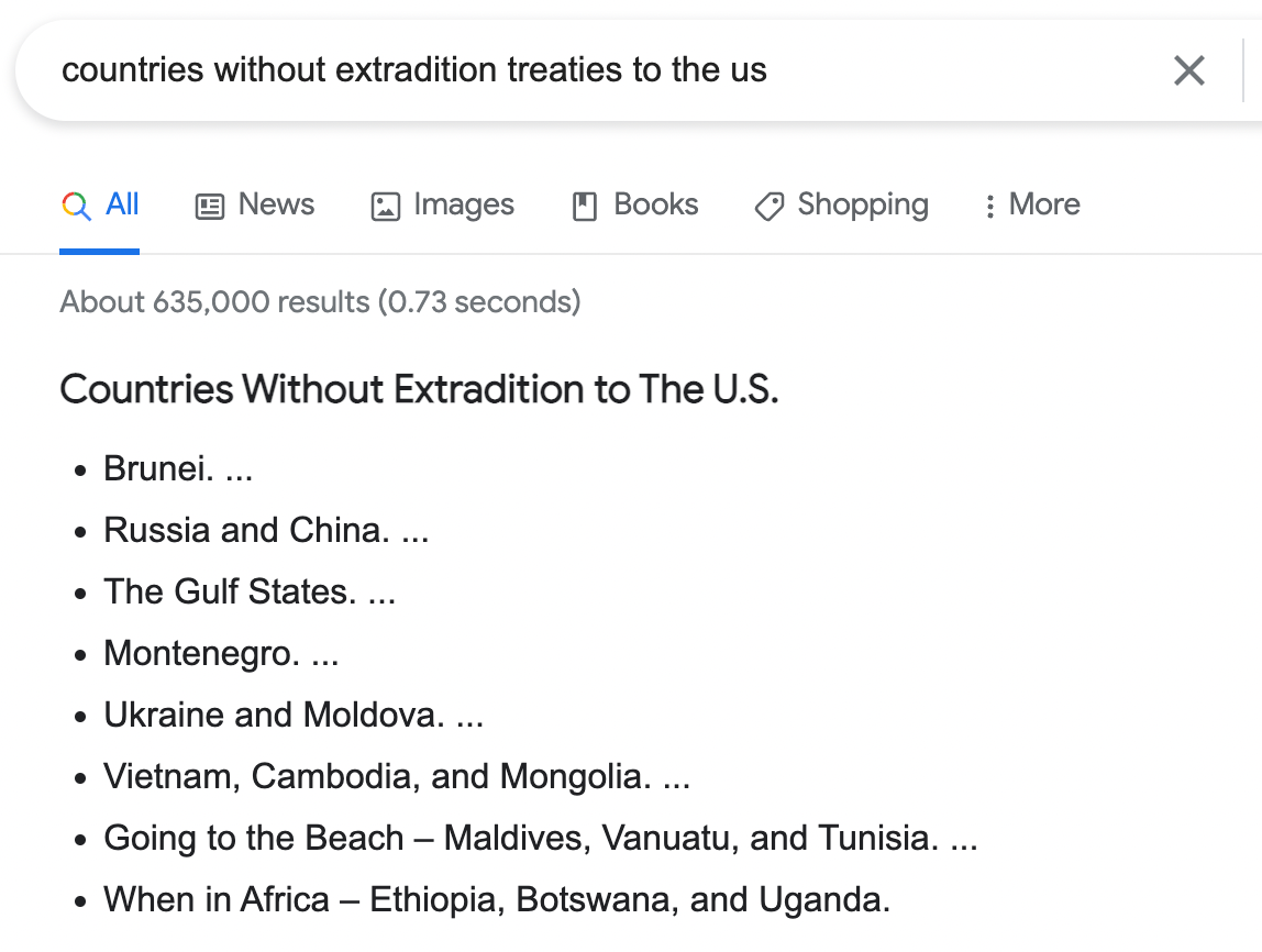 A screenshot of Google replies to the query "countries without extradition to the U.S."